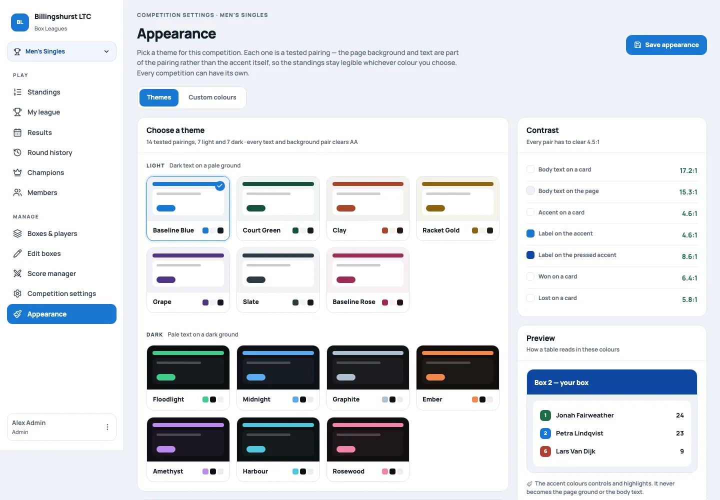 Box league appearance settings with 14 colour themes, a contrast checker and a live standings preview