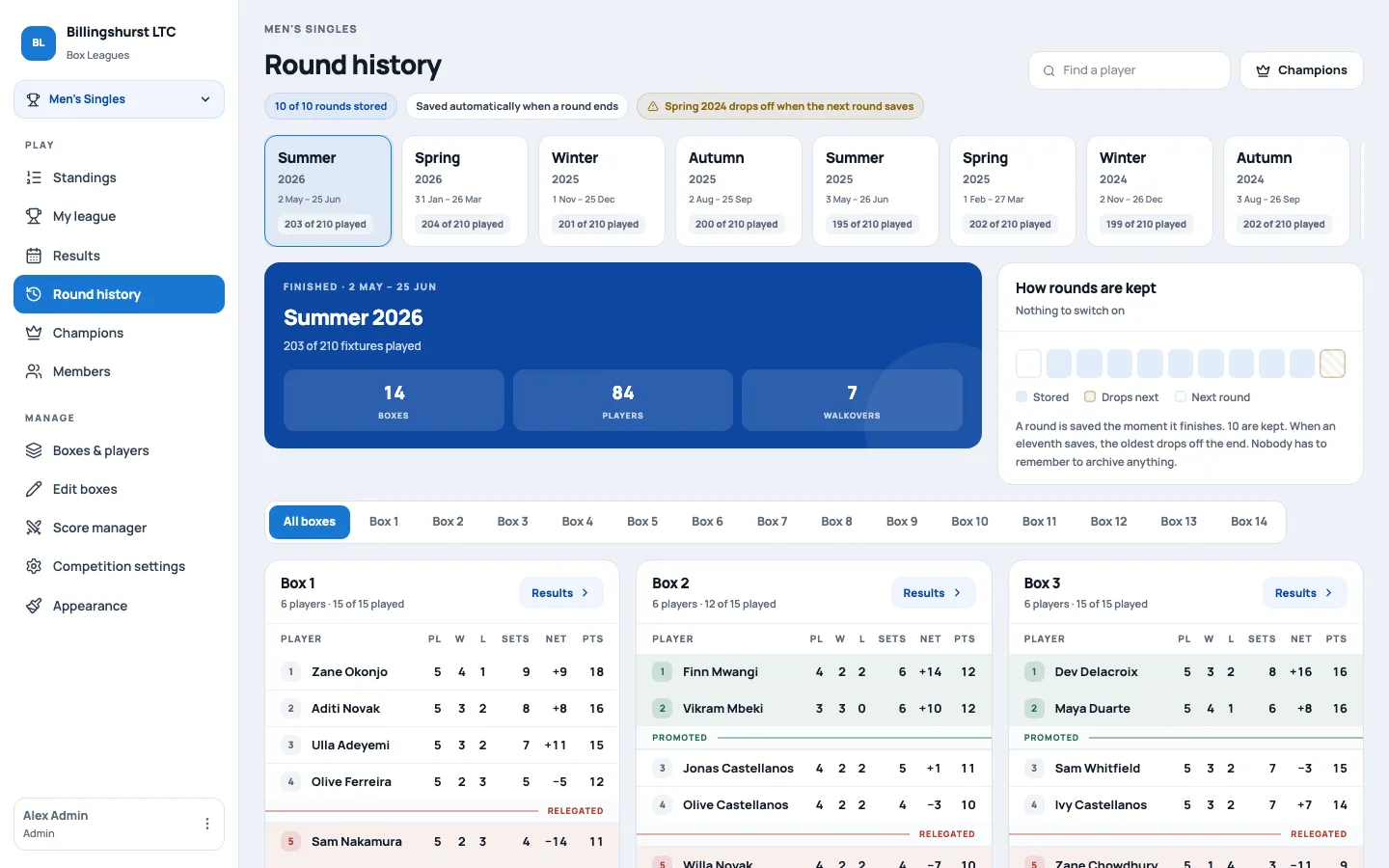 Round history page with past seasons and final box tables showing promotion and relegation