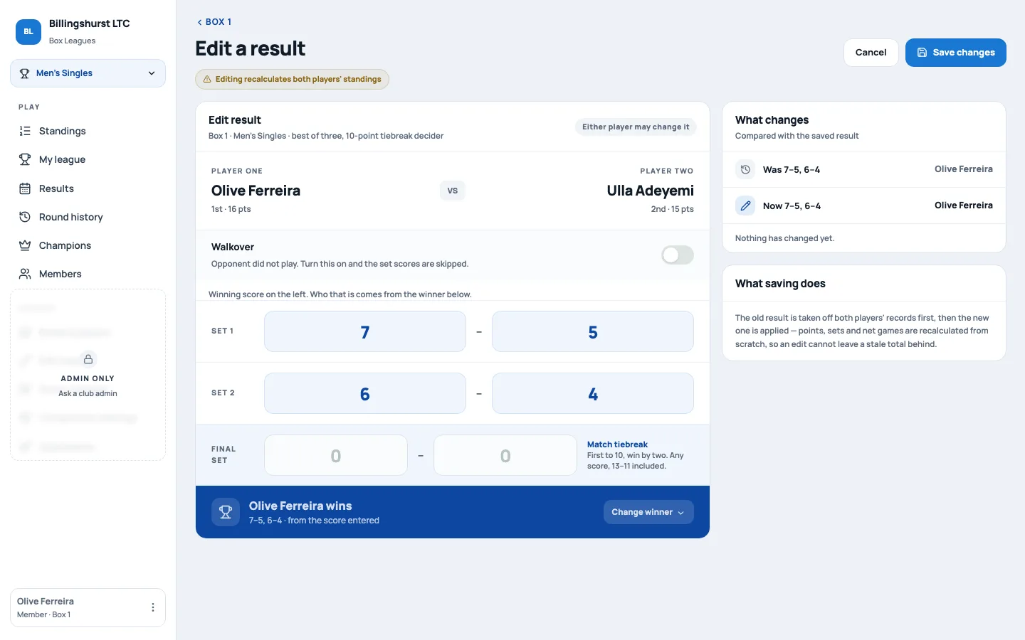 Edit a result screen for a best-of-three tennis match, showing set scores and how the change affects both players