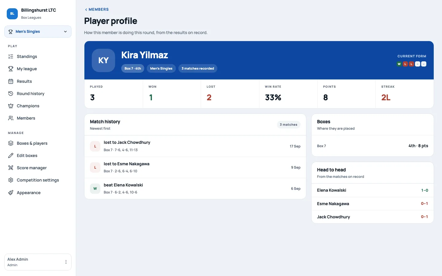 Player profile with played, won and lost totals, win rate, recent match history and head-to-head records