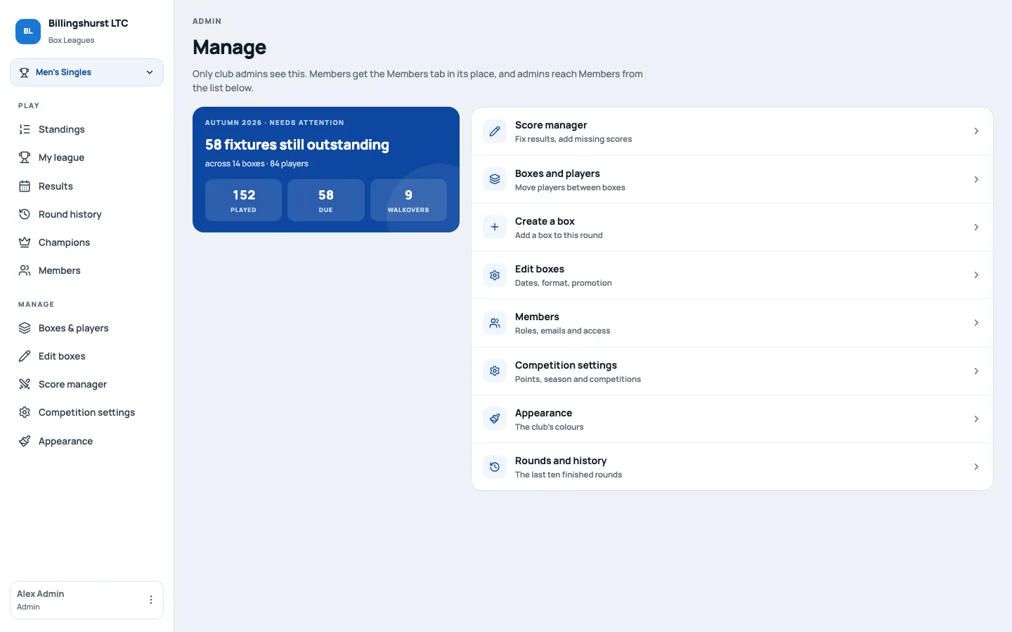 Billingshurst box league admin dashboard showing 58 outstanding fixtures and links to score manager, boxes, members and competition settings